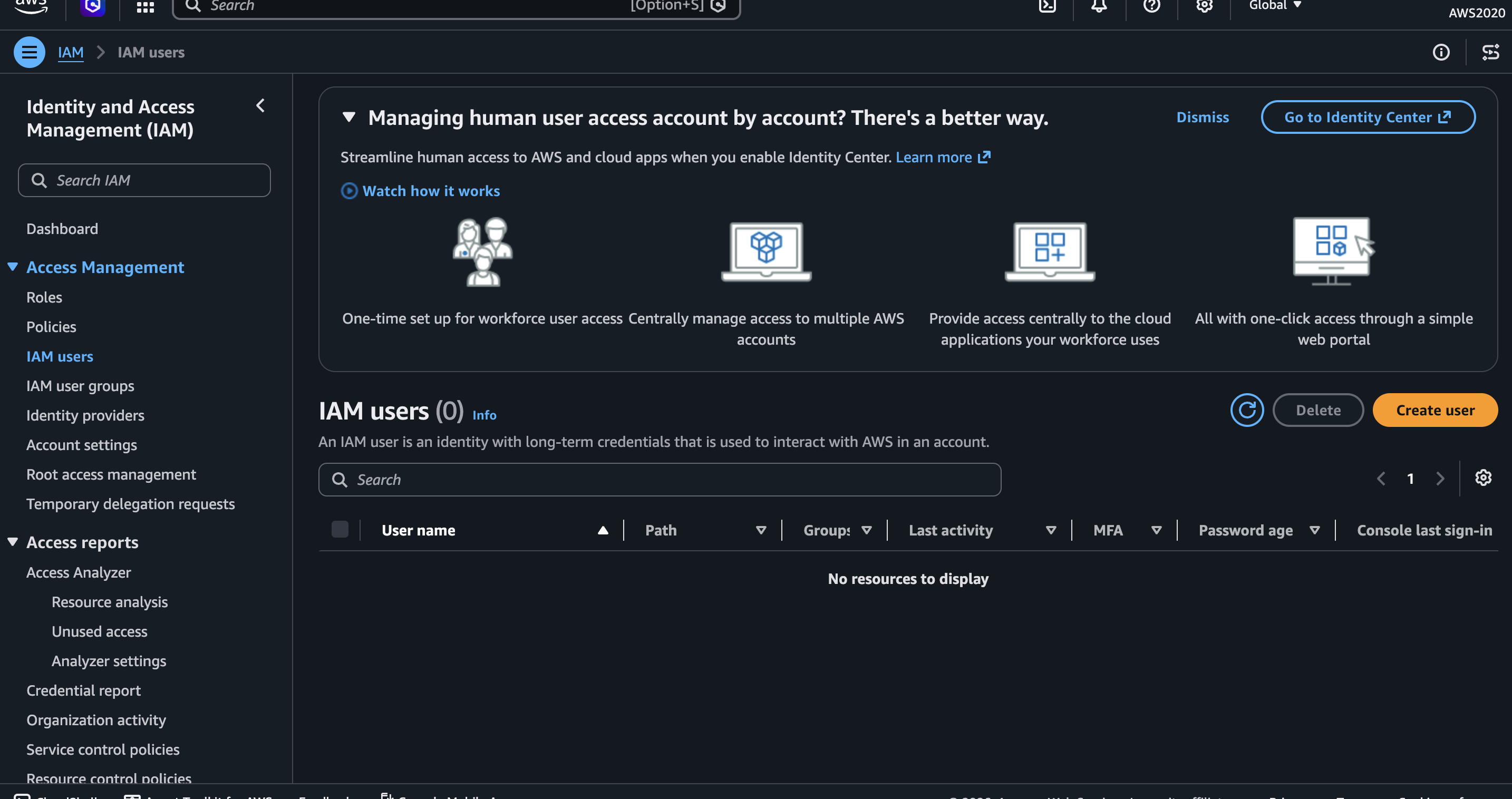 IAM Users page in AWS Console