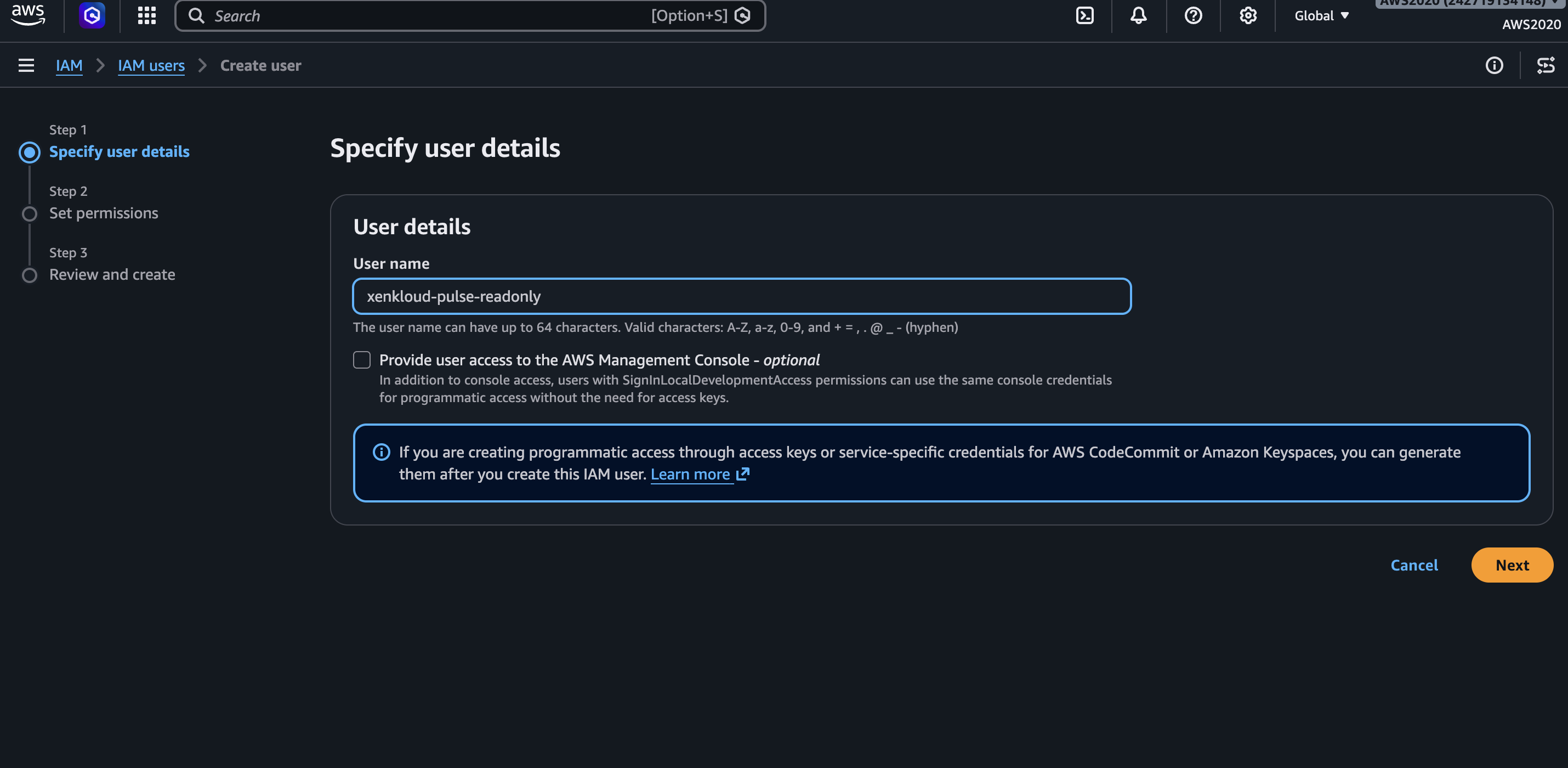 Specify user details step showing username entry