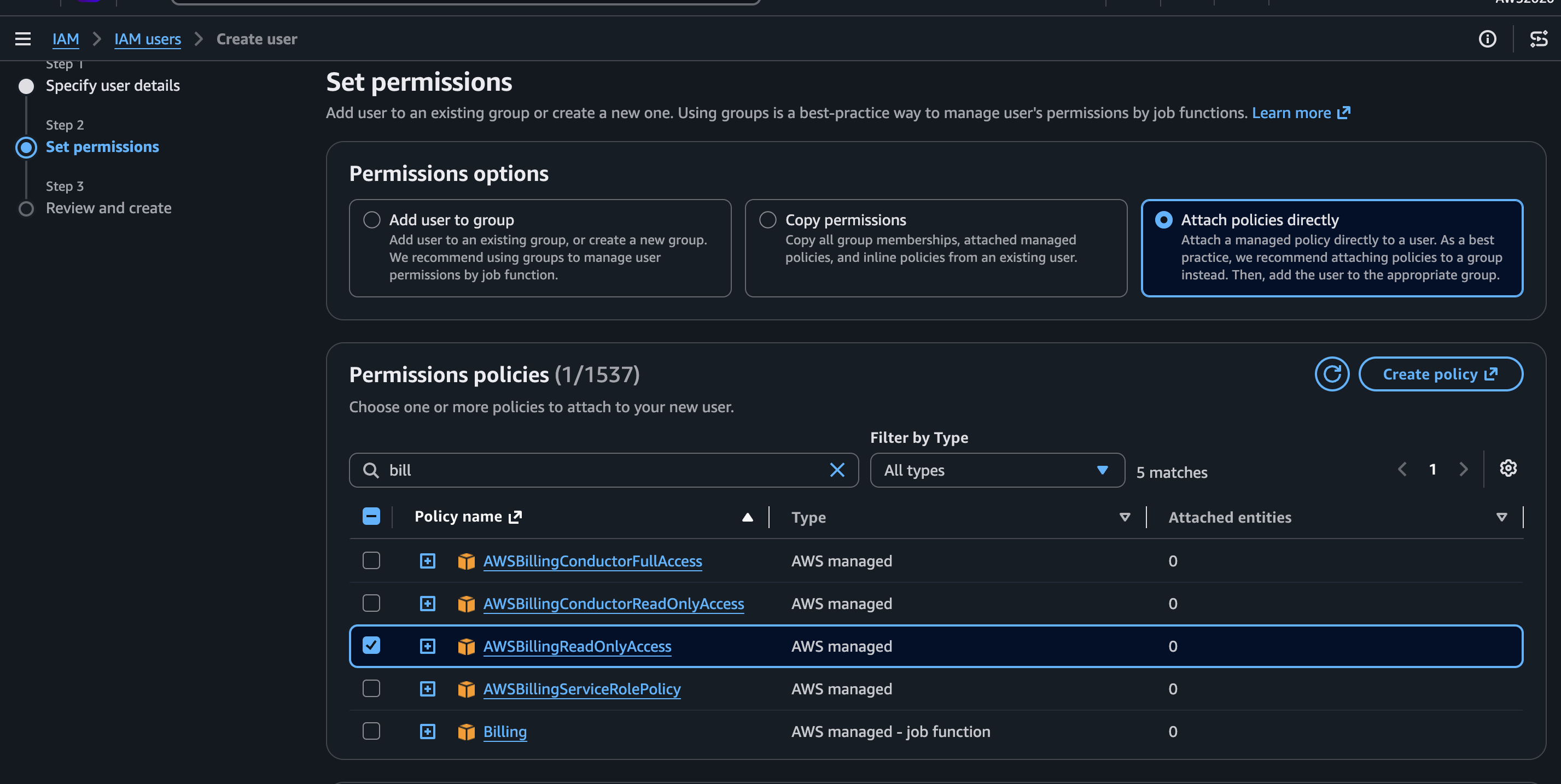 Set permissions screen with AWSBillingReadOnlyAccess checked