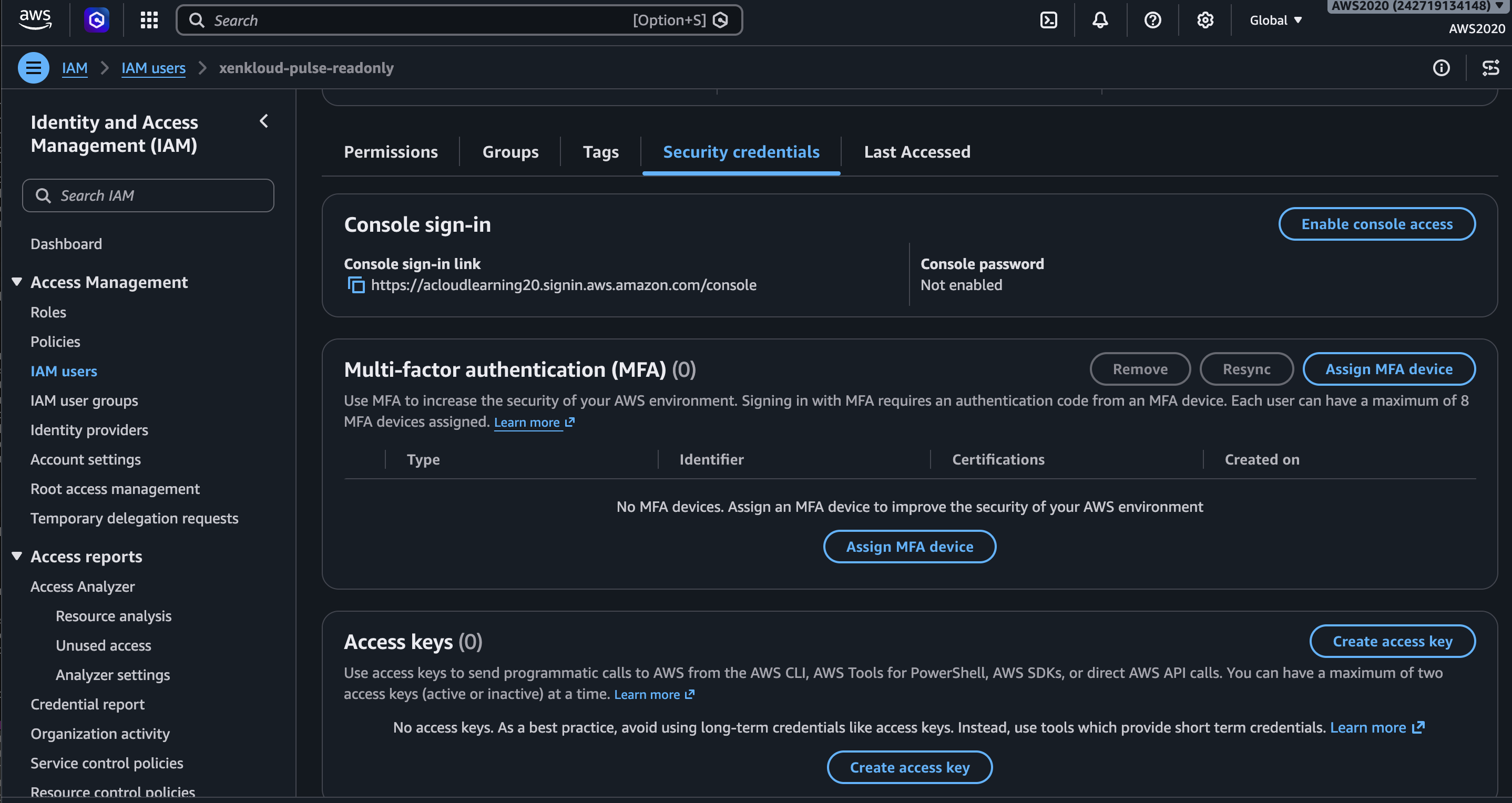 Security credentials tab showing Access keys section