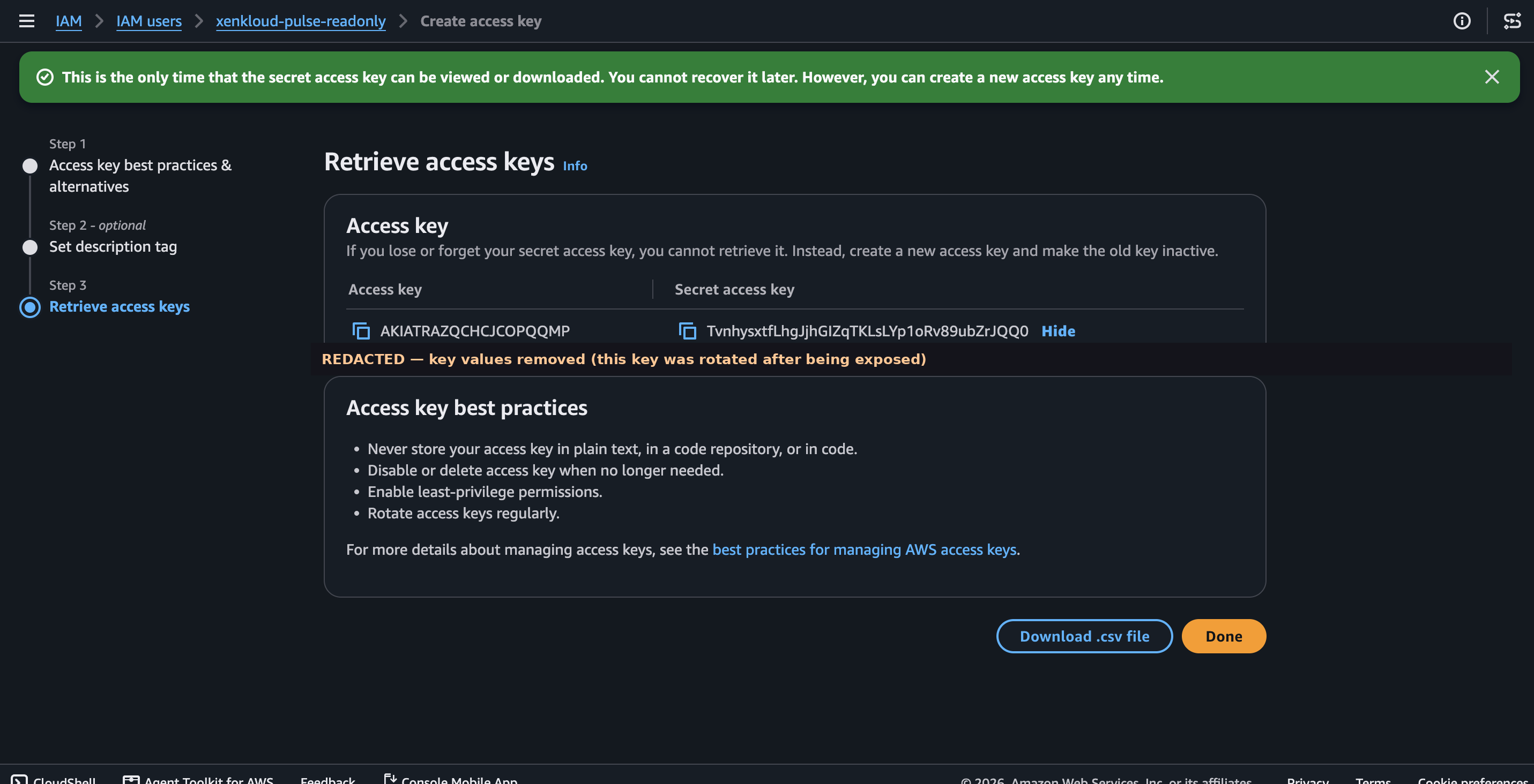 Retrieve access keys screen (values redacted for security)